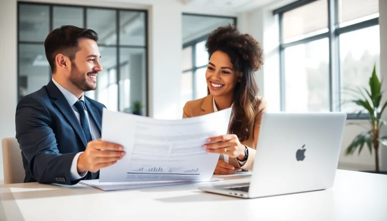 Two professionals reviewing an SEO proposal together across a desk in a bright modern office