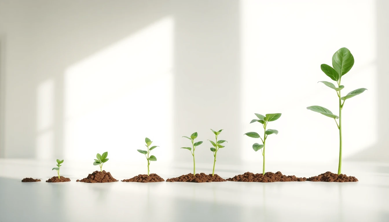 A single green sprout growing into a series of increasingly tall plants, symbolizing compounding growth
