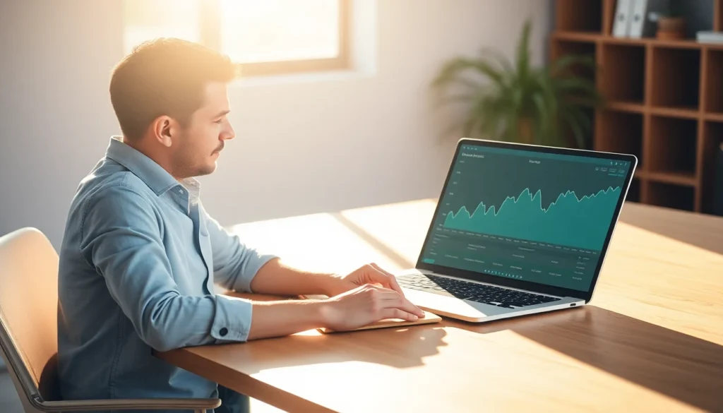 A small business owner reviewing organic traffic growth on a laptop dashboard in a bright office