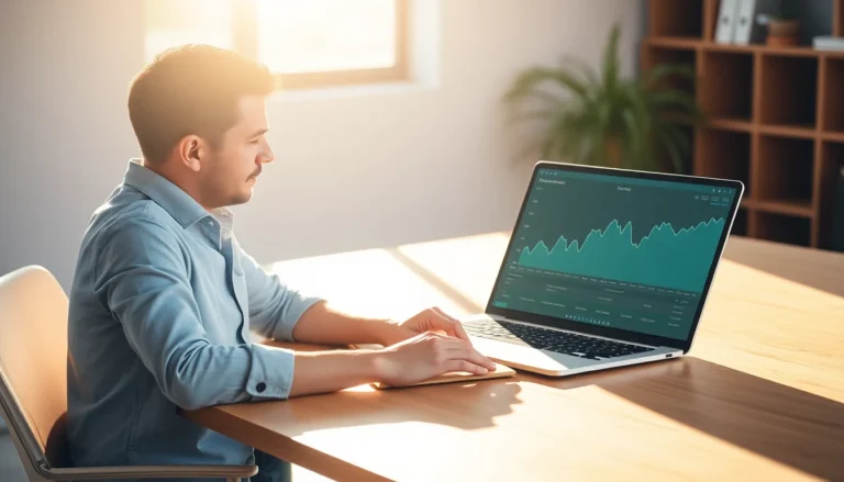 A small business owner reviewing organic traffic growth on a laptop dashboard in a bright office
