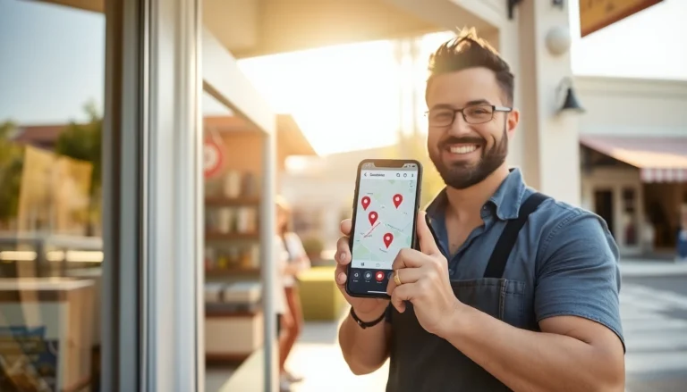A local Corona storefront business owner checking their phone showing a map search result in warm sunlight