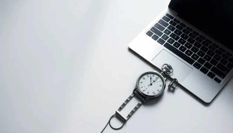 A stopwatch resting beside a laptop on a clean desk