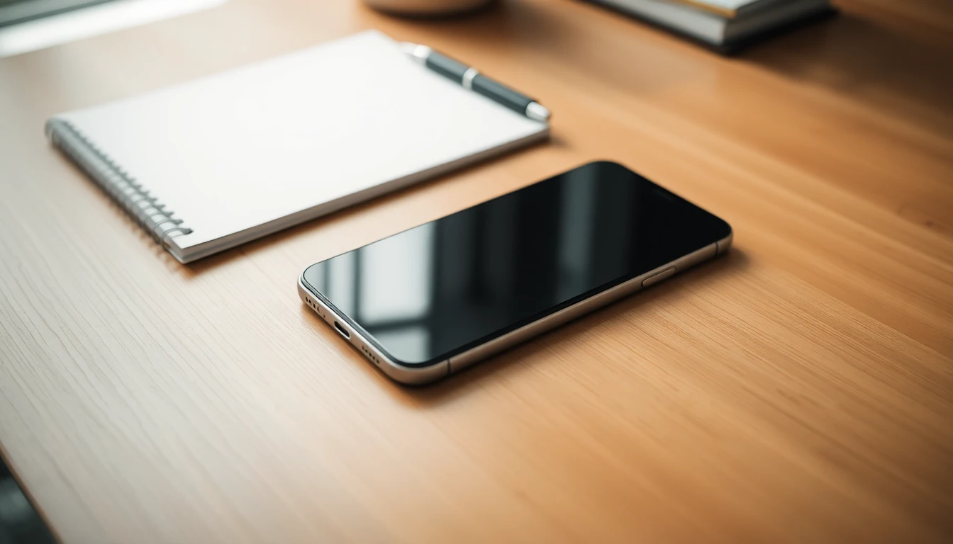A smartphone on a desk beside a notepad in natural light