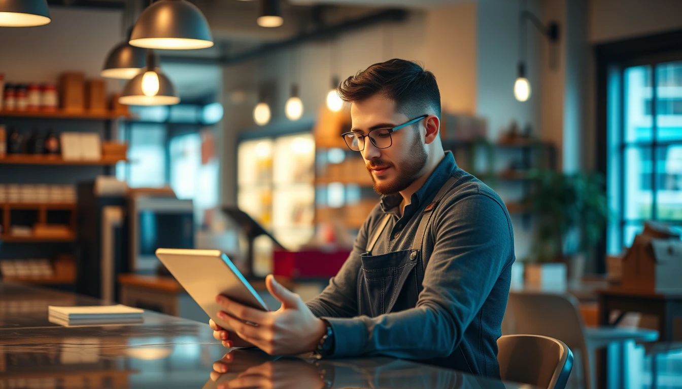 A small business owner responding to customer feedback on a tablet