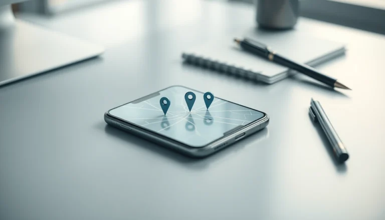 A phone showing a map with three highlighted location pins on a desk