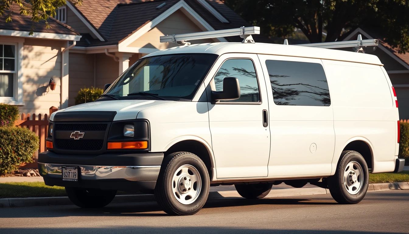 A service van parked outside a suburban home on a bright morning