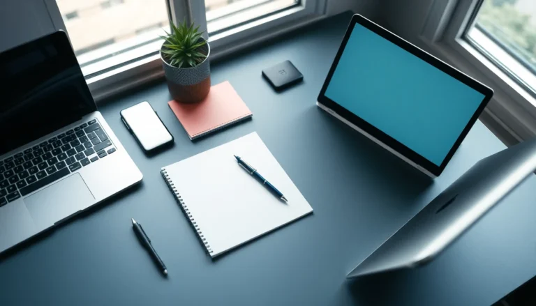 A notepad and laptop on a clean desk in soft light