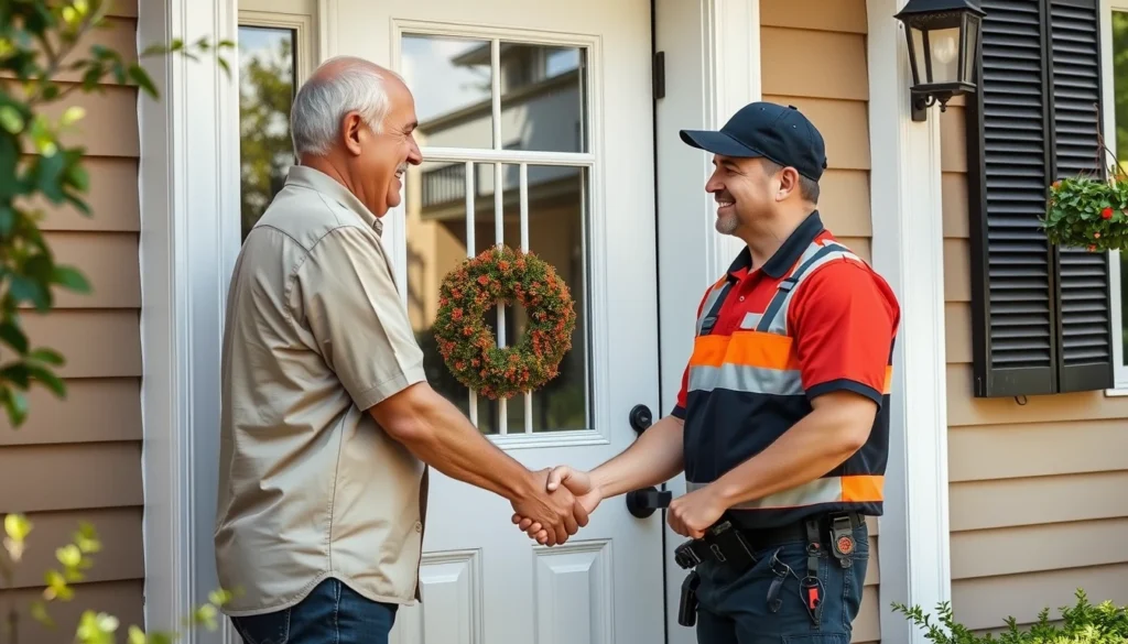 A homeowner shaking hands with a service technician at a front door