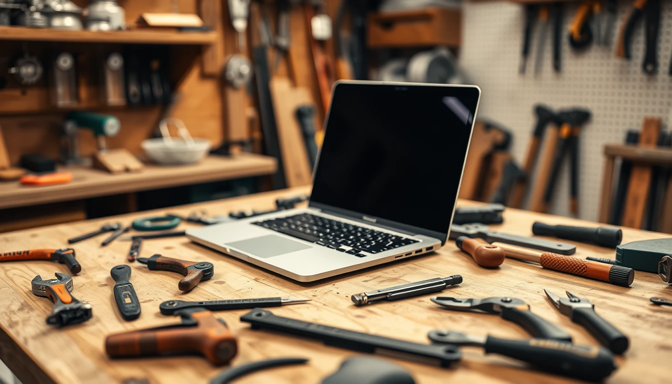 A laptop on a workbench surrounded by tools