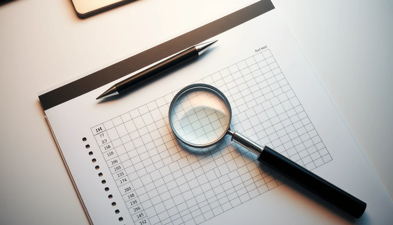 A magnifying glass resting on a spreadsheet printout on a desk