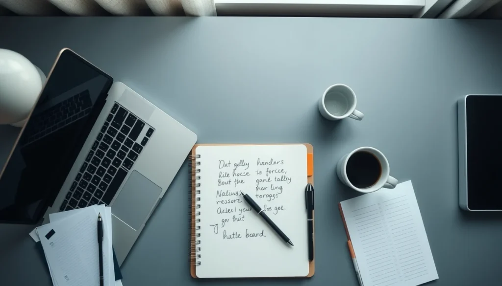 A desk with a laptop and notepad used for auditing business listings