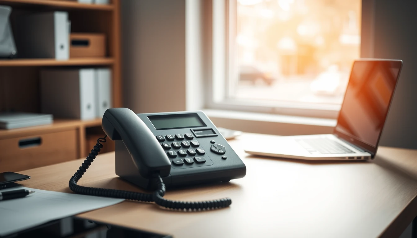 A desk phone beside a laptop in a small business office