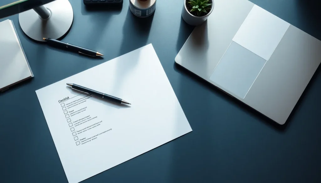 A printed checklist and pen on a clean desk beside a laptop