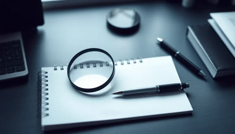 A magnifying glass resting on a clean desk beside a notepad