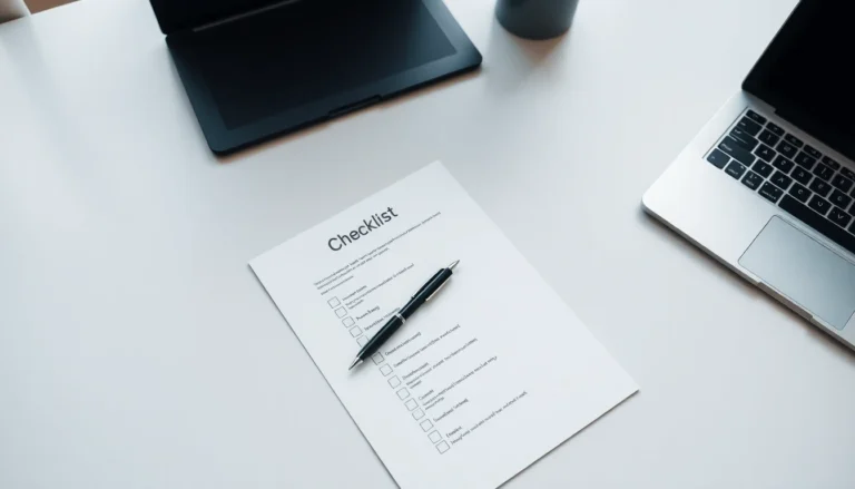 A printed checklist and pen on a clean desk beside a laptop