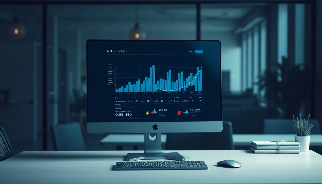 A monitor displaying an abstract data dashboard in a quiet office