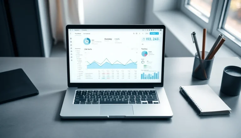 A laptop showing a blank analytics dashboard on a clean desk