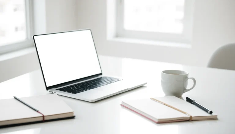 A clean modern workspace with a laptop and notebook