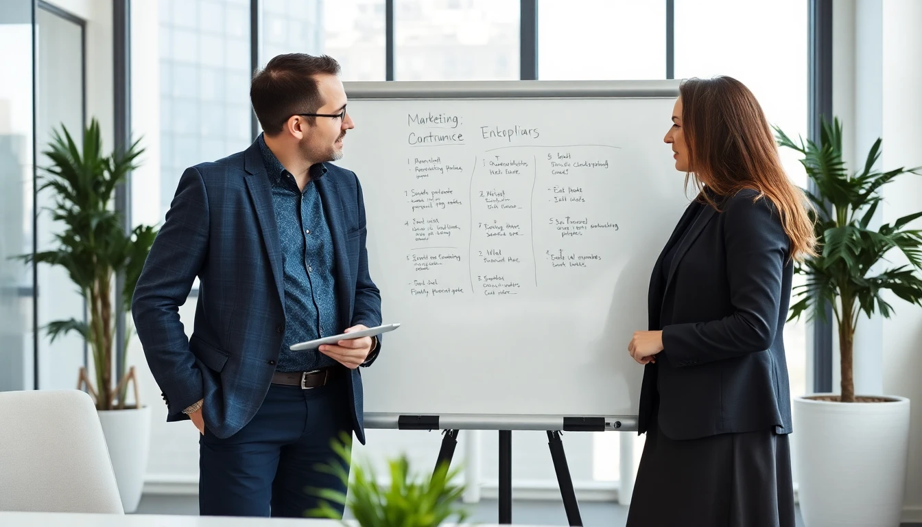 Two marketers planning at a whiteboard