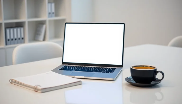 A laptop showing search results on a clean modern desk