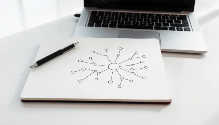 A site structure diagram sketched on a notebook beside a laptop