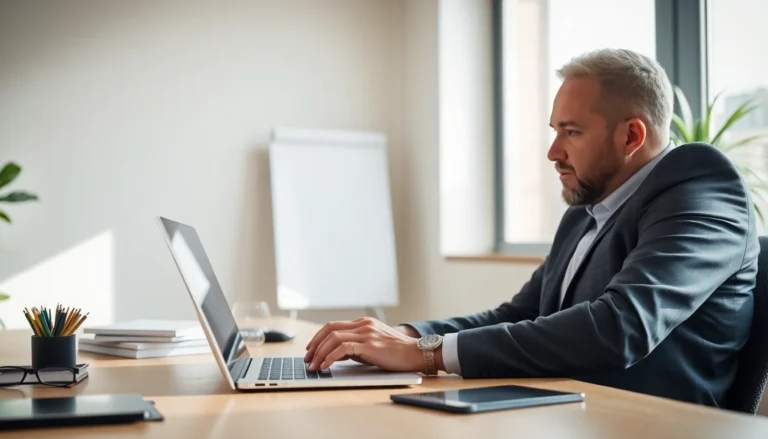 A business owner reviewing feedback on a laptop
