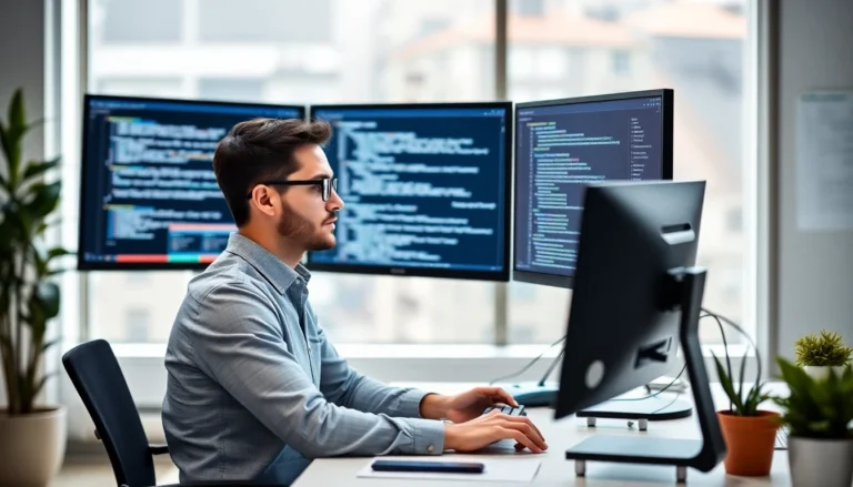 A developer working on structured code at a desk