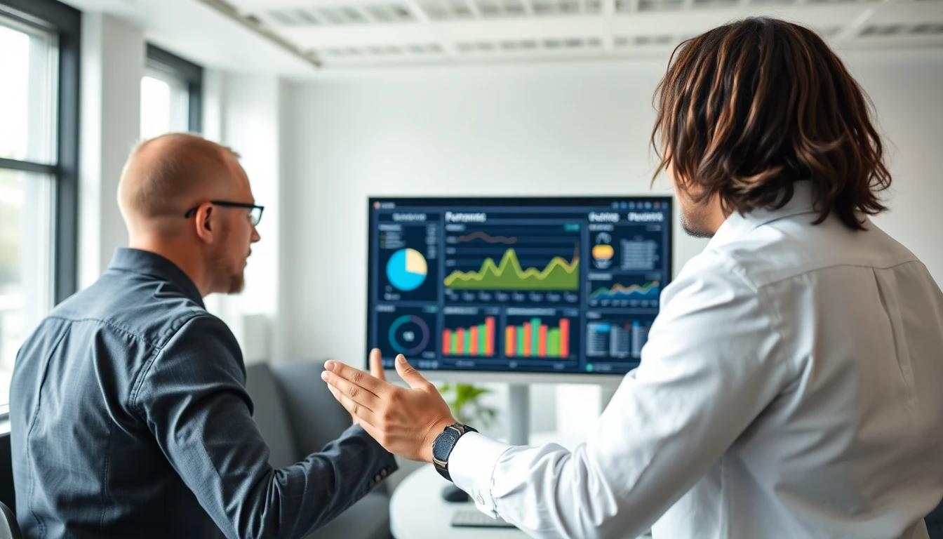 Two colleagues reviewing search performance on a monitor